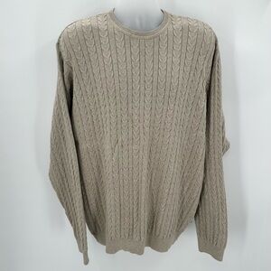 IZOD Sweater Mens XL Beige Tan Cotton Cable Knit Crew Pullover Academia Scandi